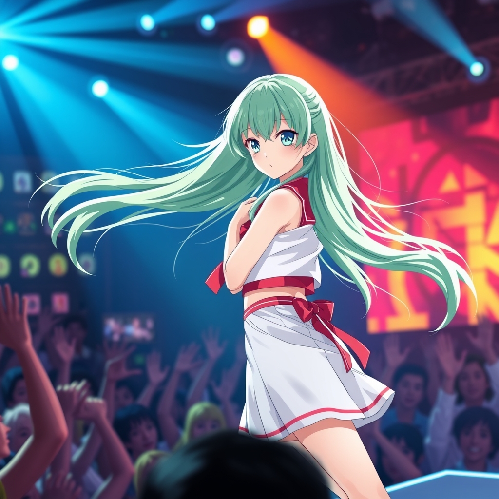 یک کنسرت که یک آیدل با موهای بلند سبز کمرنگ و و چشمان یشمی با لباس کوتاه سفید و قرمز با دامن کوتاه 2