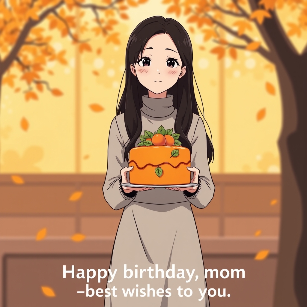آبان اگه دختر ۴۰ ساله بود با مو های بلند مشکی و کیک نارنجی با برگ های سبز این دختر در فصل پاییز است و پایین کادر نوشته : happy birthday momy best wishes for you 5