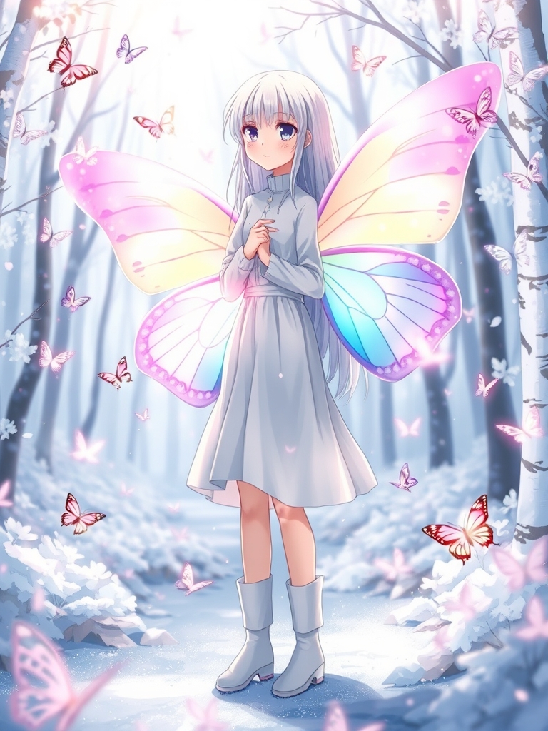 عکس یه دختر با موهای سفید بلند و 👢👗🤍 سفید که توی جنگل پر برف که کنار پروانه ها ایستاده دوبال بزرگ ظریف زیبا مثل بال پروانه داره و رنگ بال پروانه ها بنفش خیلی کمرنگ و سفید و نیلی و آبی و همه جا و به خصوص با ها و پروانه ها درخشان و پر اکلیل1