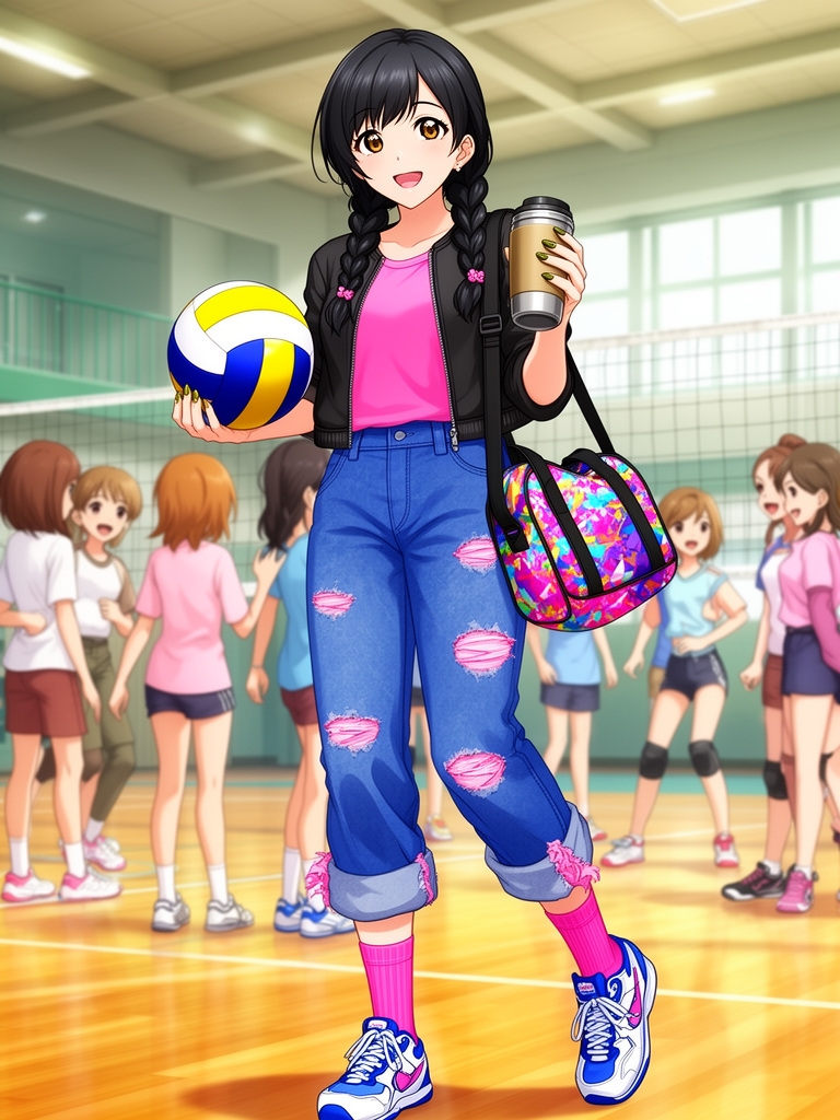 یک دختر ۱۸ ساله که نیم تنه صورتی کوتاه پوشیده و ناخن های زیتونی وموهای  مشکی بافته شده با شلوار جین بگ آبی پرنگ با پارگی های صورتی ملایم و پاچه های پاره ویک کت کوتاه سیاه که داره جلوی کلاس والیبال داره با دوستاش حرف میزنه ویک توپ داره ویک ماگ تراول در دست داره و جوراب صورتی پرنگ بلند داره وکفش آبی و سفید داره ویک کیف ورزشی کالباسی رنگ روی دستش داره 0