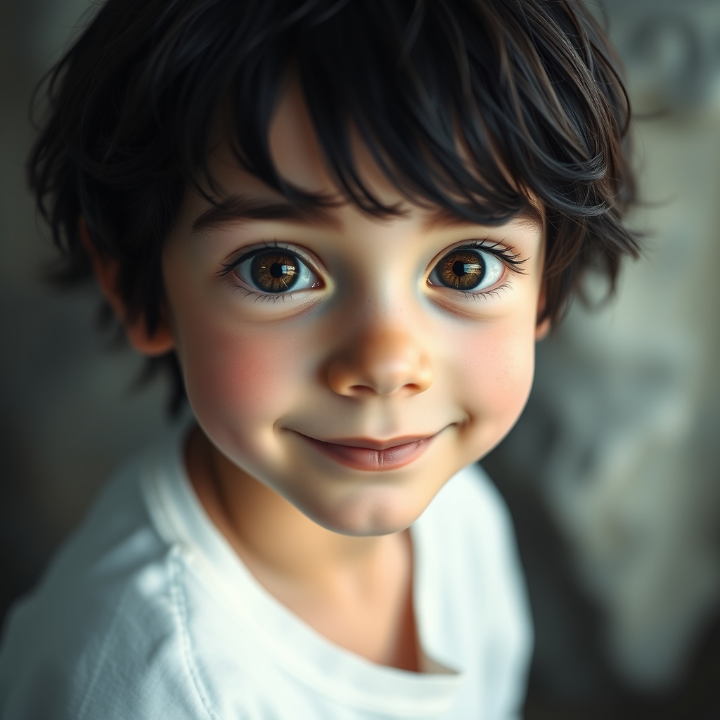 یک پسر بچه یازده ساله با موی مشکی و پوست سفید و ابروی معمولی و چشمان درشت با عنبیه قهوه ای تیره با مردمک گشاد مشکی در وسط عنبیه با نقطه های کوچولوی سفید نورانی داخل چشمانش با بینی کوچک با دهان نسبتا بزرگ با لباس سفید گشاد در حال لبخند زدن و نگاه کردن به دوربین و ما3