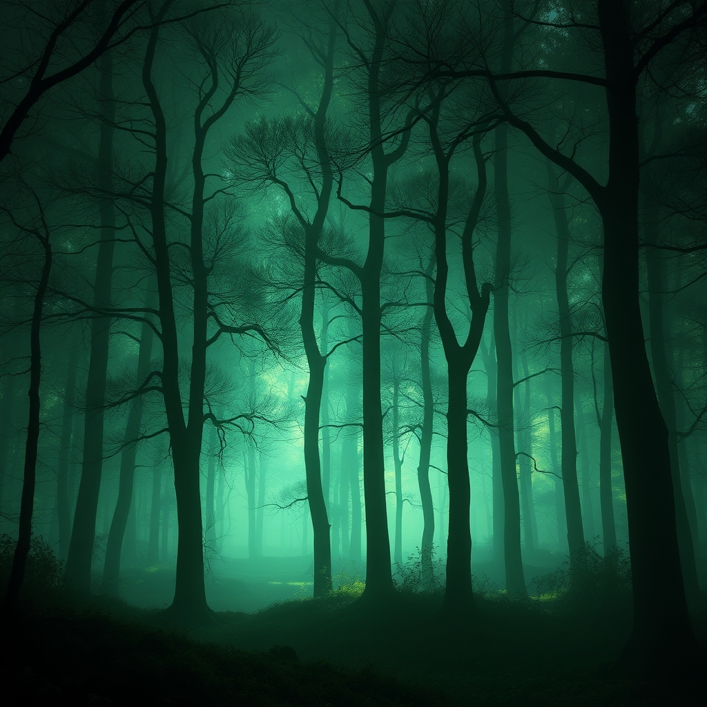 یک جنگل اسرارآمیز با درختانی از جنس نور، که با سایههای سبز و آبی به نرمی میدرخشند
21