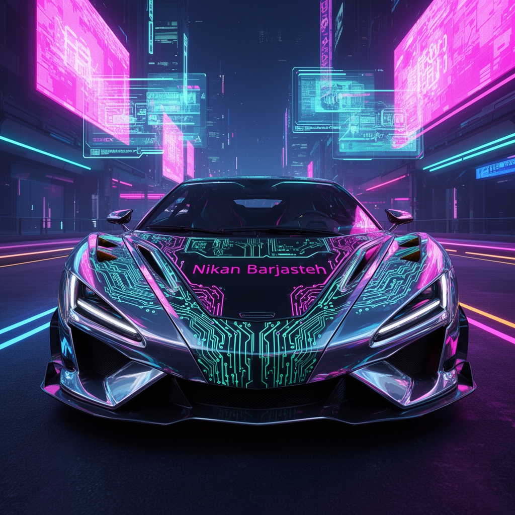 یه ماشین با تکنولوژی زیاد و جزئیات زیاد و روی کاپوت ماشین نوشته Nikan Barjasteh با پس زمینه گیمینگ4