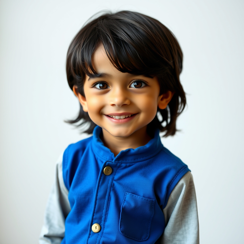 یک پسر زیبا ۹ ساله که قدش بلنده است و چشم های قهوه‌ای رنگ دارد با مو های سیاه مایل به قهوهای و قد موی پسر متوسط است و رنگ پوستش کرمی رنگ بدون کلاه و عینک و پسر یک لباس زیبای آبی رنگ دارد
7