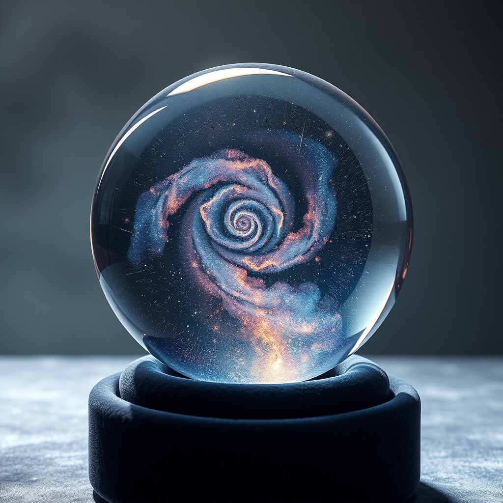 یک کره شیشهای پر از کهکشانهای چرخان، قرارگرفته روی پایهای مخملی.17