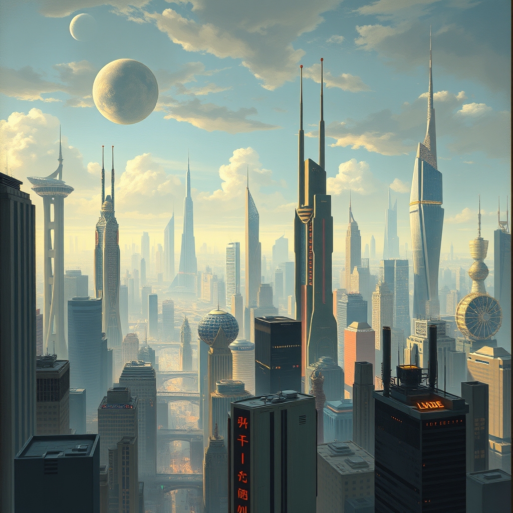 چشمانداز یک شهر آیندهنگر از دید یک هنرمند اندرویدی که آن را نقاشی میکند.1