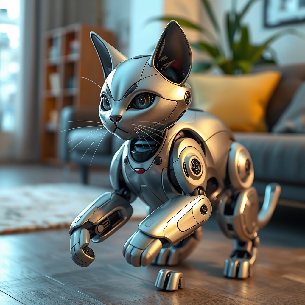 یک گربه ربات بازیگوش با خز فلزی براق، در حال تعامل
 در یک اتاق نشیمن آینده‌نگر.20