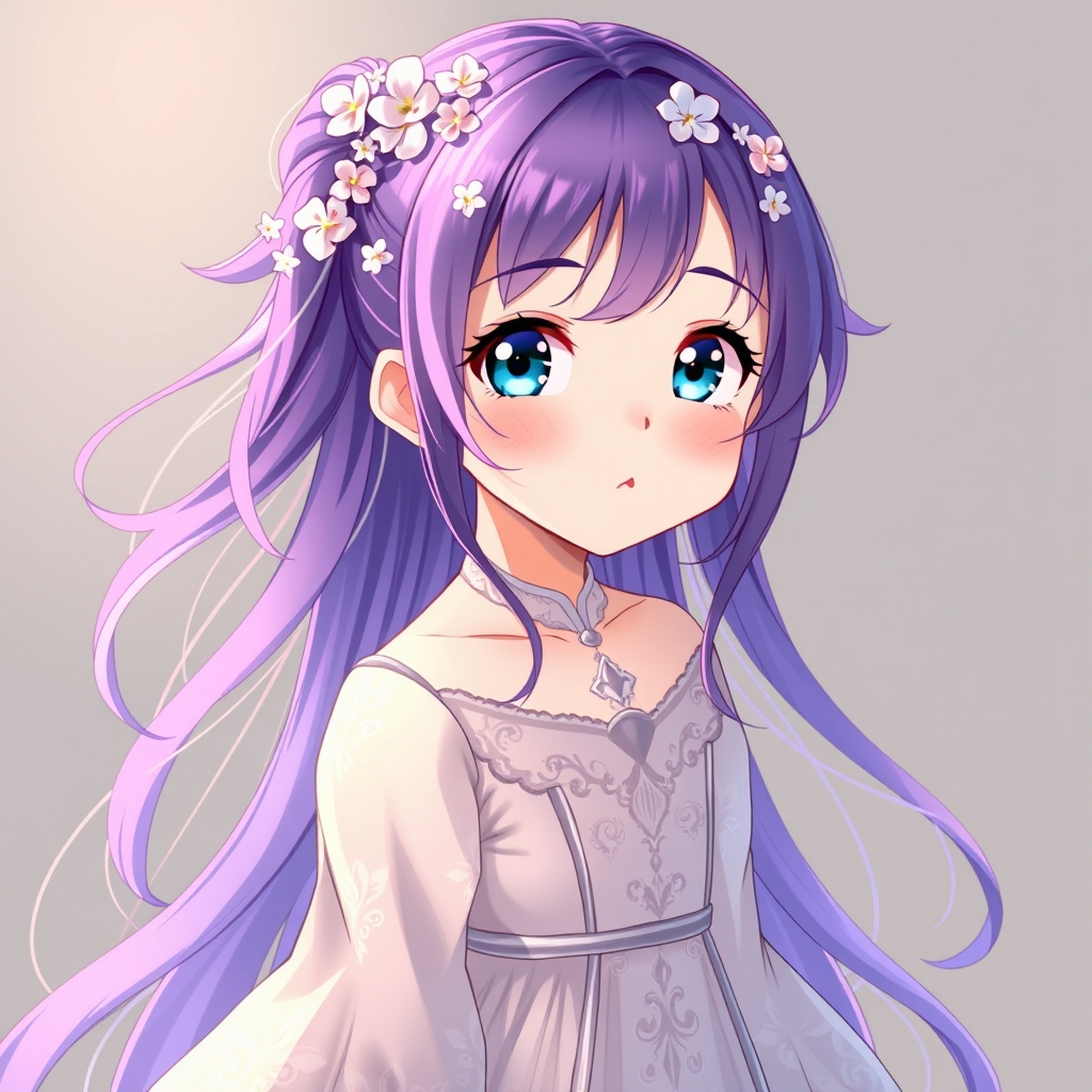 یک دختری با موهای بنفش و داز و با چشم های آبی و گل های سفید و صورتی روی مو هایش با لباس های خیلی خیلی قشنگ 18