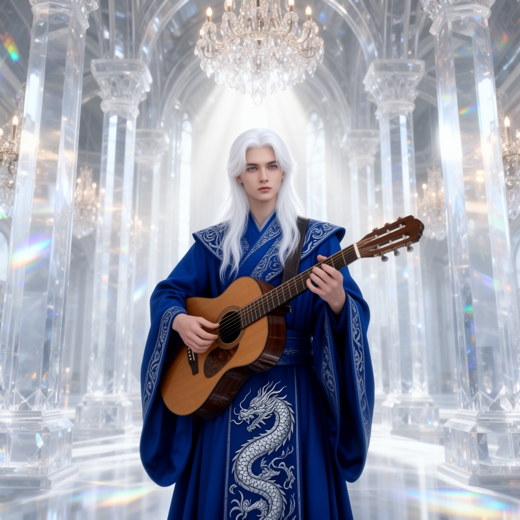 زیباترین مرد جوان در جهان حتی در رویایی که شکوه خدا را داشته باشد که نظیر آن در دنیا نباشد که همه از شدت زیبایی به او سجده کنند که با چشمان کریستالی آبی رنگ که در مردمکش دریا واقع شده است و با پوستی سفید همرنگ برف که با موهای سفید رنگ بلند که با لباس سلطنتی ابی که اژدهای نقرهای رنگی بر روی آن حکاکی شده باشد زیبایی باشد و در حال گیتار زدن باشد و داخل قصر کریستالی باشد3