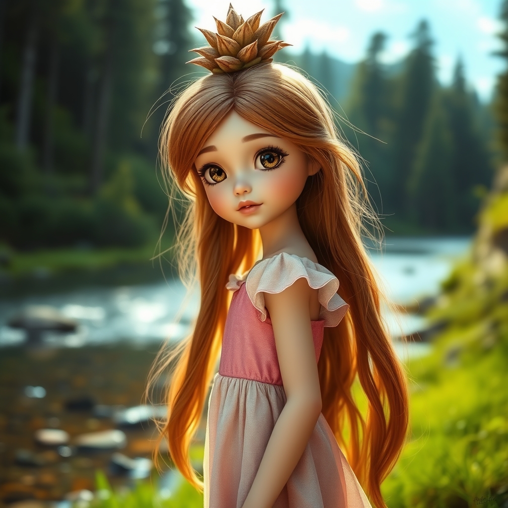 یک دختر زیبا لباس سارافونی سفید صورتی وی بلند قهوهای طلایی صورت میکاپ عروسکی توی طبیعت رودخونه و جنگل لب کوچیک دماغ عروسکی چشم کشیده و درشت موهای آناناسی از جلو بسیار زیبا دختر عقب وایساده باشه21