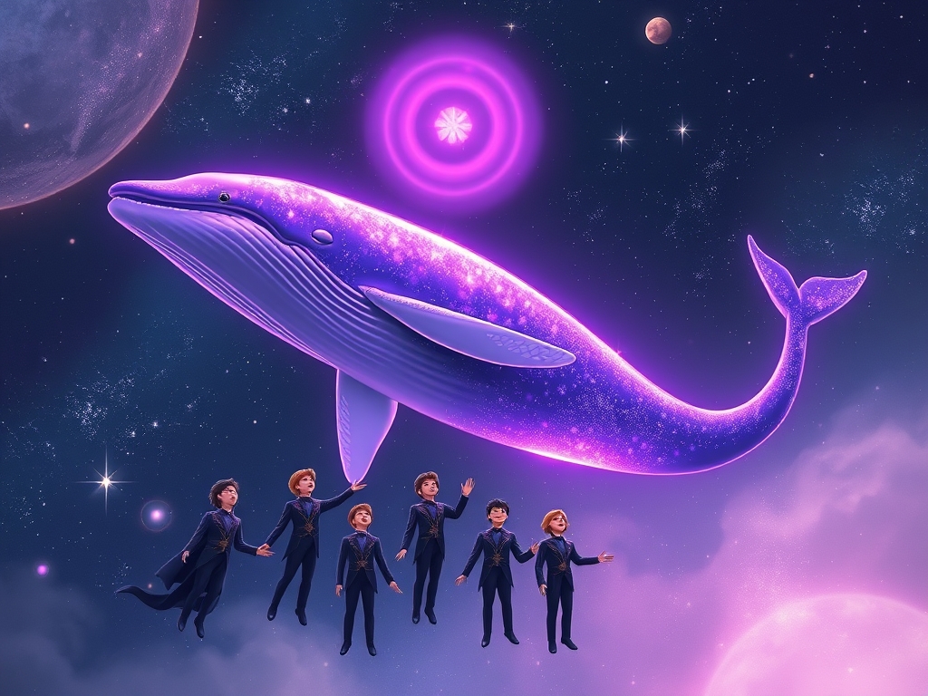 A large, shiny purple whale flying in the beautiful purple night sky🌌✨🪐☄️🌙, and seven young twenty-year-old guys hovering around it, singing a song with emotion.19
