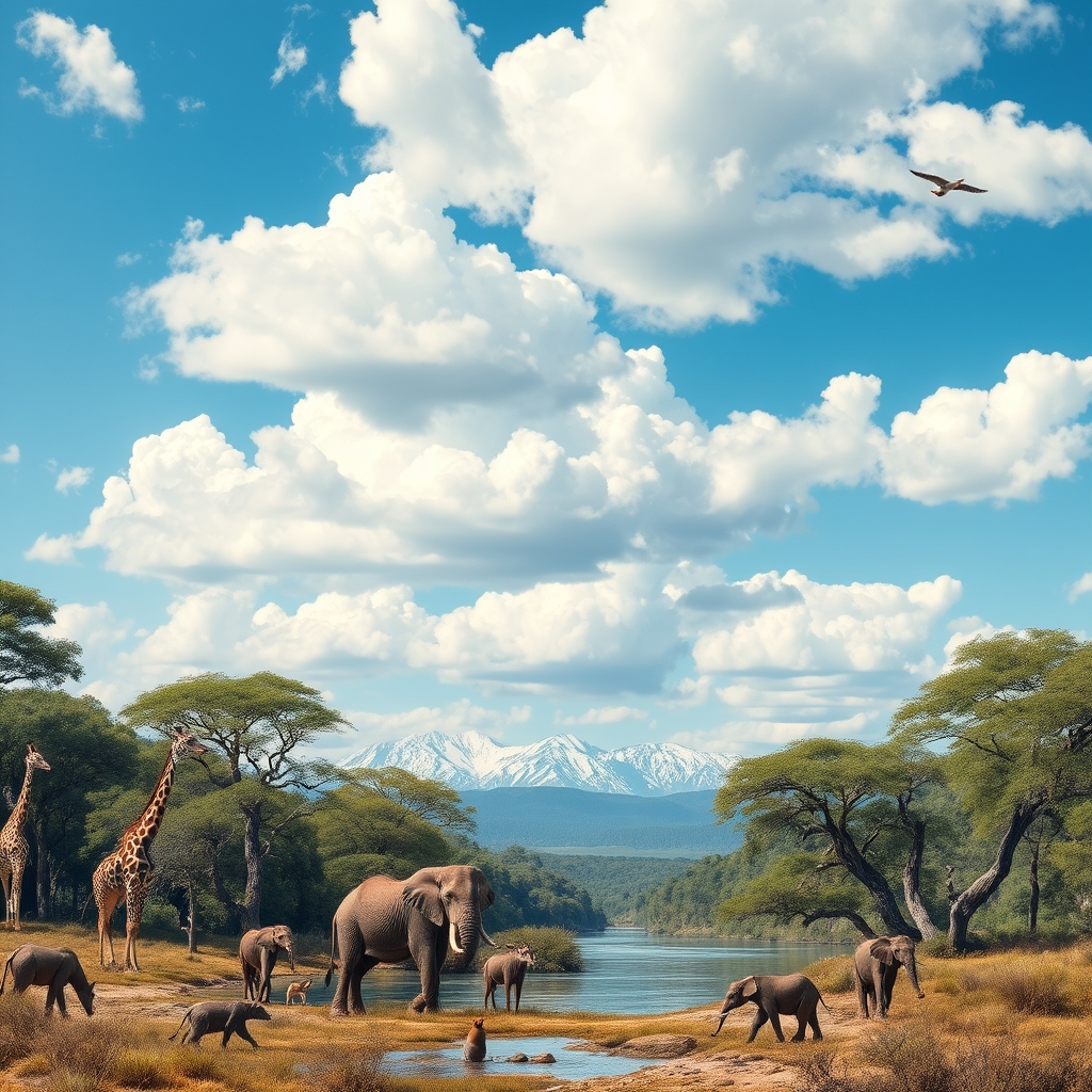 طبیعت زیبا که در آن حیوانات زیادی هستند زرافه ها کنار درختان بلند فیل ها کنار رودخانه سنجاب ها میان تنه درختان پرنده ها در آسمان آبی ابر های سفید و پنبه ای قله ها که از دور پیدا اند0