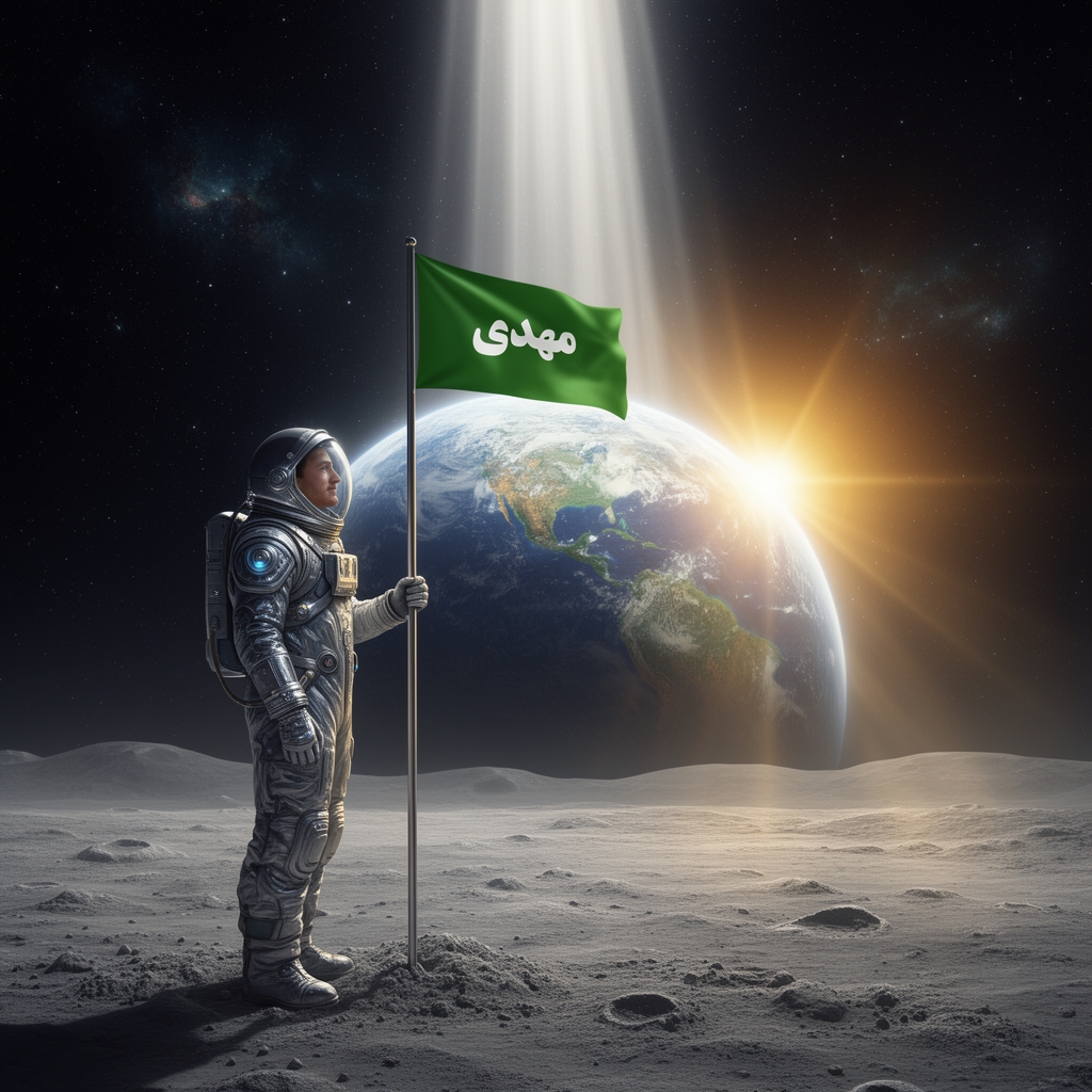 عکس یک پسر جوان ۳۰ ساله که روی ماه ایستاده و پرچمی در زمین کوبده و و رنگ پرچم سبز و با سفید روی پرچم نوشته باشه یا مهدی و به زمین نگاه میکند که حضرت مهدی به صورت یک نوری که متمرکز باشد دیده میشود و از بالا به زمین می آید و ان پسر به ان نگاه میکند و خورشید دارد از سمت راست زمین به بیرون می اید و پرچم را در دست دارد 1