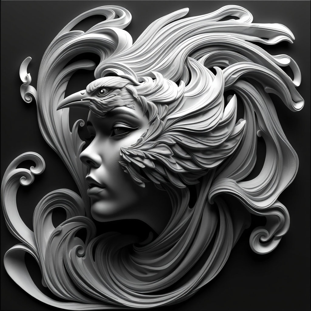 The image is a black and white abstract artwork featuring a woman with an eye and a bird, blending into each other in a swirling, flowing pattern.13