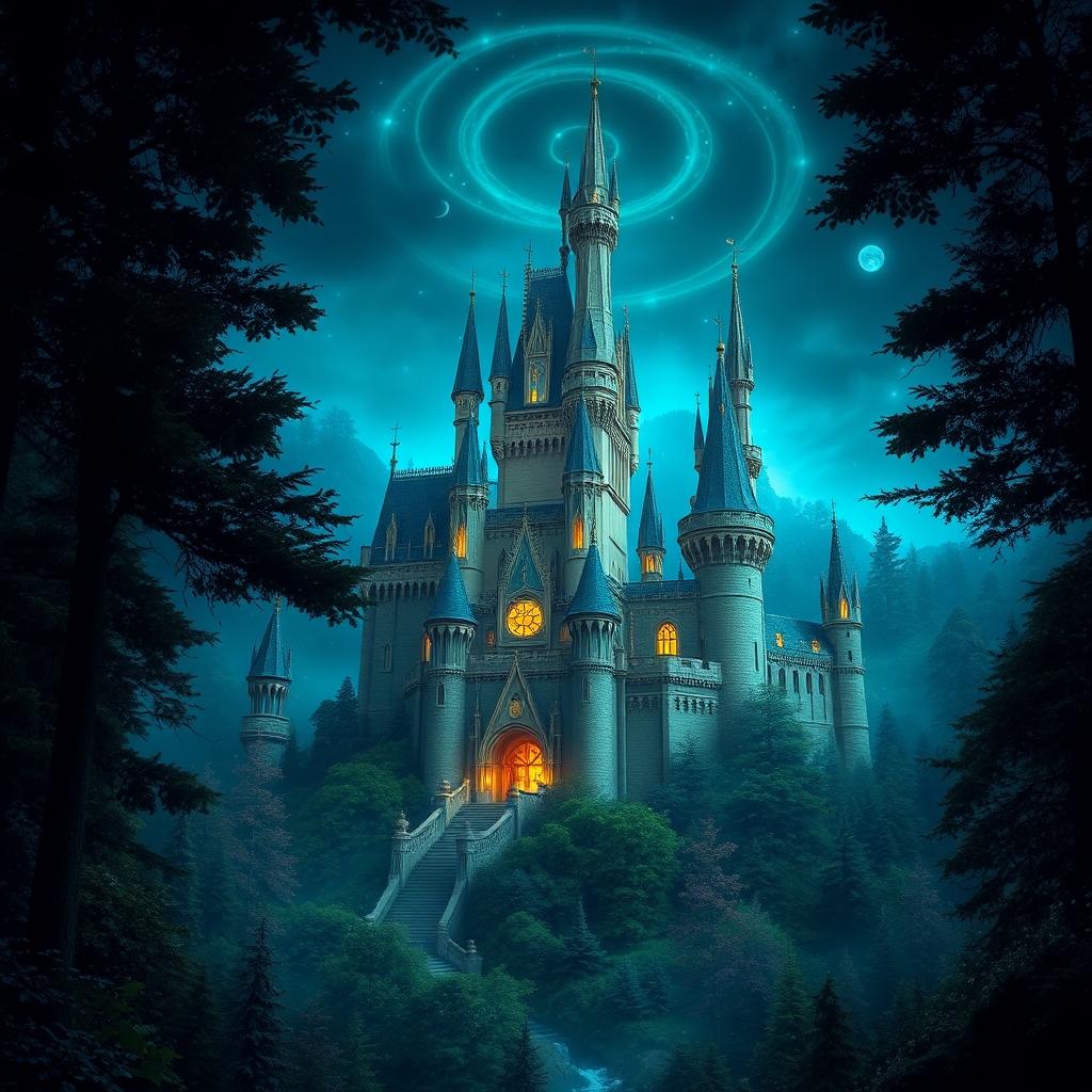 یک قلعه بزرگ در جنگلی سرسبز درشب که دور قلعه را نورهایی نسبتاً مایل به آبی وسبز احاطه کرده است قلعه ای باشکوه و زیبا21