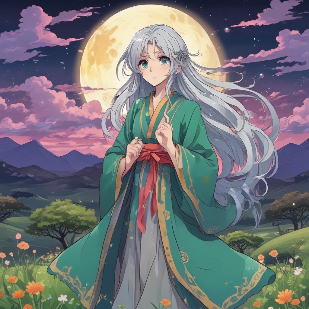 دختری با مو های بلند و طوسی رنگ در میان دشت سبز و درخشش ماه در پشت سر او و کمونایی به تن 2