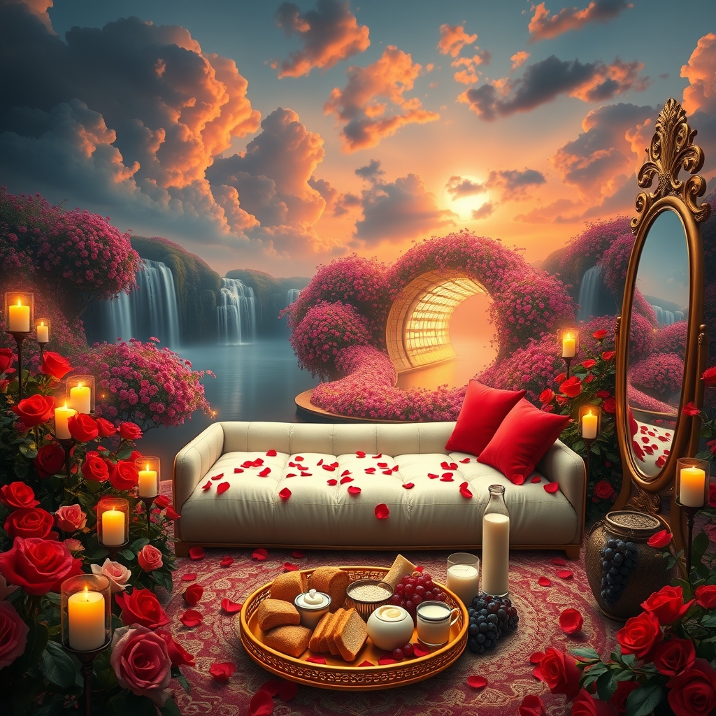باغ بزرگ و افسانه ای پر گل سرخ لی لی یم زرد و سفید و اطلسی و شب بو
دورادور آبشارها روان به داخل برکه می ریزند وسط برکه زیر تونل افراشته از گل سرخ  و تونل روشن از هزاران شمع 
یک تشک گرم و نرم سفید با کوسن های قرمز پر شده با گلبرگ های سرخ دیده می شود
و سینی گرد و طلایی پر نان کره خامه عسل میوه و شیر و شیر برنج خوشه انگور سرخ سیاه زرد نزدیک تشک ست و
یک آینه تمام قد بلند از طلا کمی دورتر ایستاده17