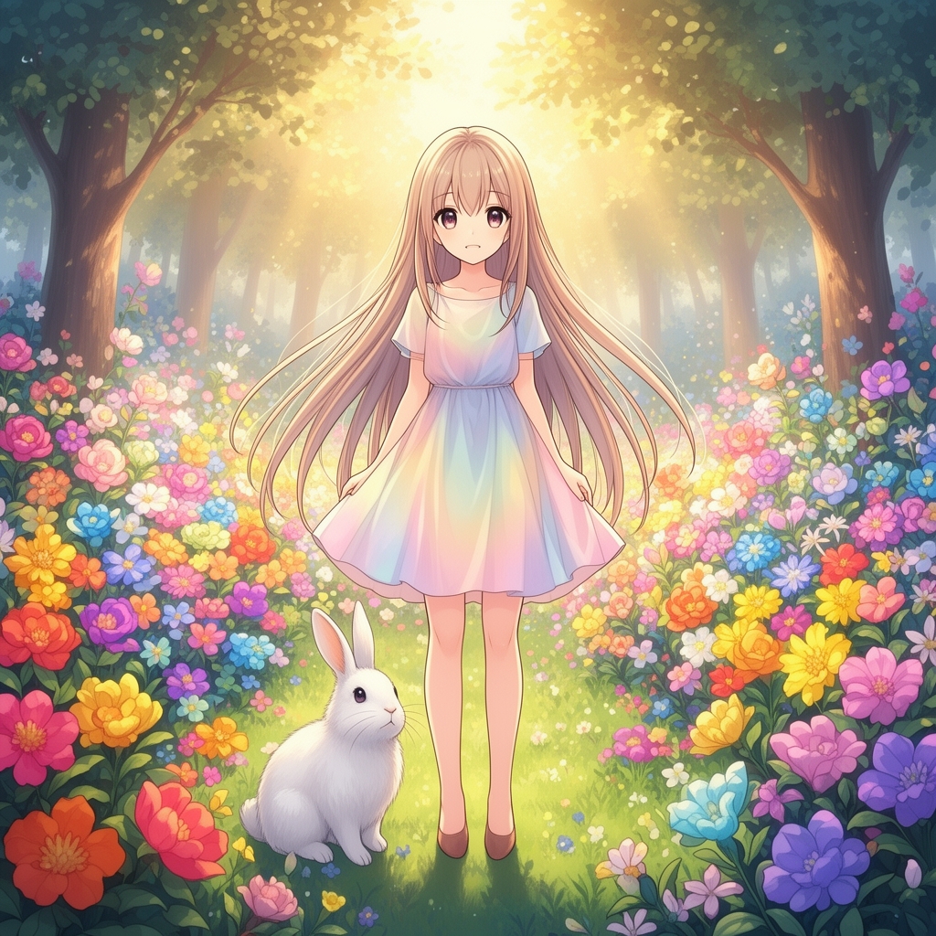 یک دختر بانمک با موهای بلند  در باغ پر از گل با یک خرگوش سفید برفی0
