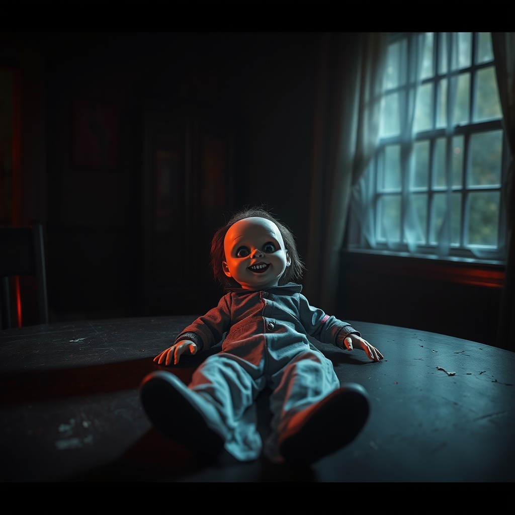 یک عروسک ترسناک توی اتاق تاریک روی میز سیاه1