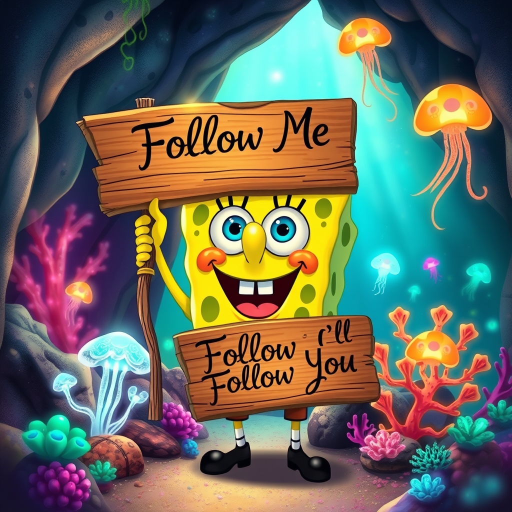 یک عکس باب اسفنجی خوشگل که یک تابلو دستش است و برای تابلو نوشته است فالو کنید تا شما را دنبال کنم به به انگلیسی15