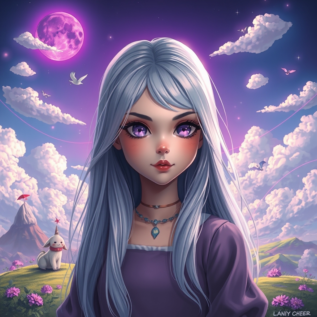 یک سیاره ی زیبا و سحرانگیز با موجودات خوشگل و گوگولی وکیوت و خورشیدی به رنگ بنفش در اسمان و ابرهای مارشمالویی و یک دختر زیبا و جذاب با چشمان بنفش عمیق و گیرا و موهای نقره ای بلند 13