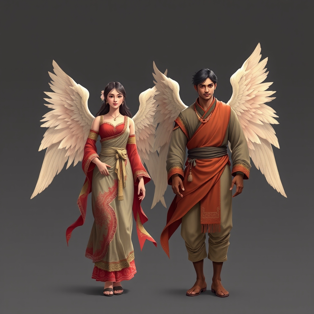 دو تا فرشته زن و مرد با لباس محلی بالدار
4