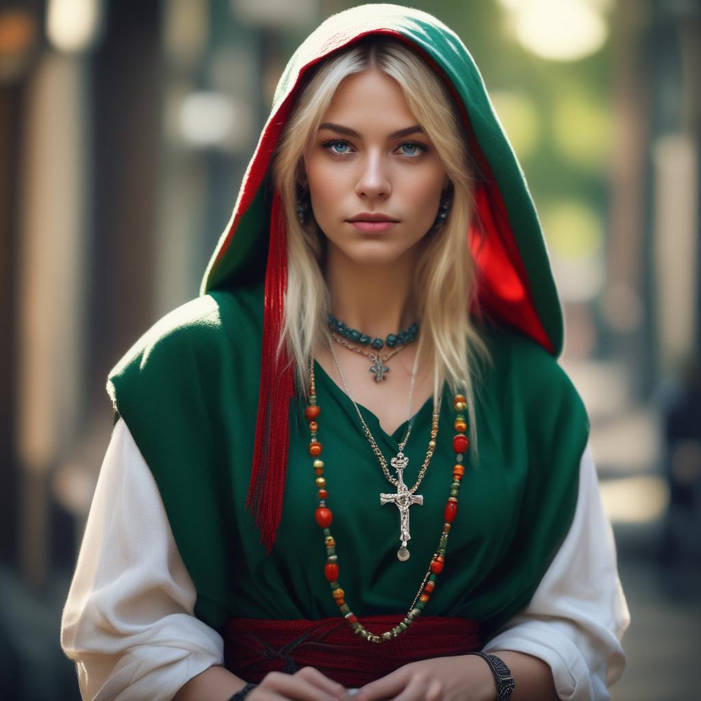 دختر مو بلوند با لباس محلی که تسبیح سبز گردنشه
و شال قرمز
16