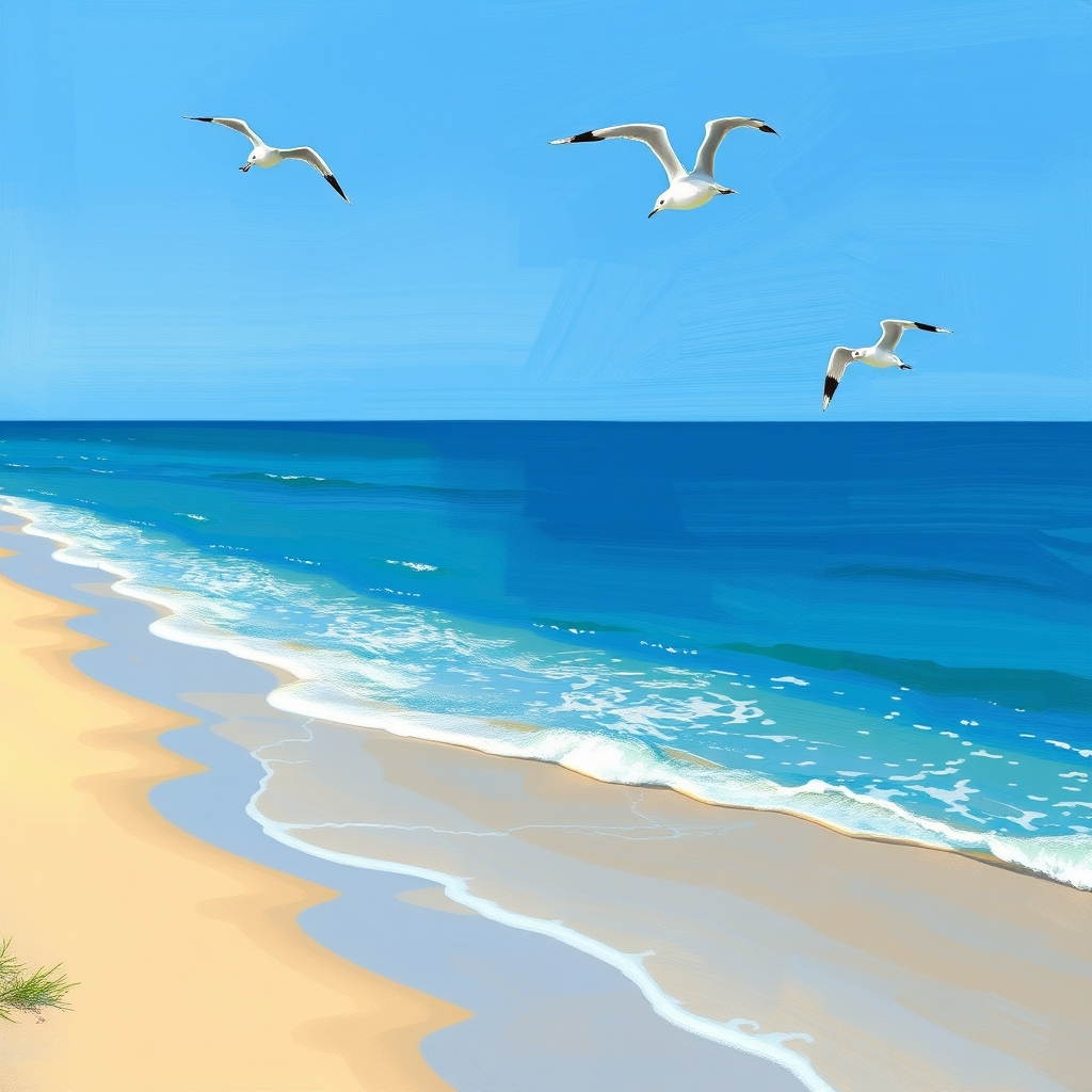 دریای آبی آرام با کمی موج بر ساحل شنی و مرغان دریایی و ..... سبک ونکوگ نقاشی رنگ روغنی 2