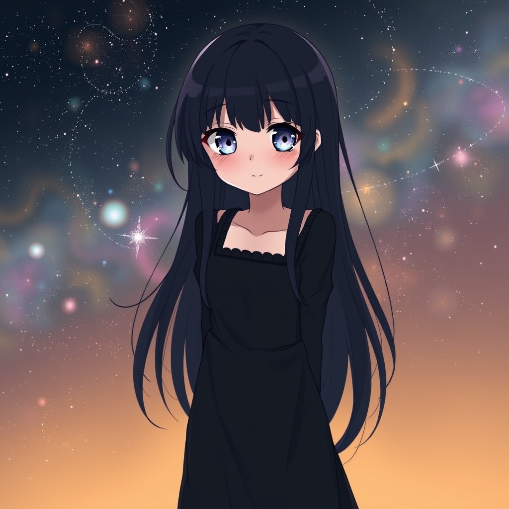 عکس کهکشان که دختری با چشم های کهکشانی لباسی سیاه  موهای بلند و مشکی5