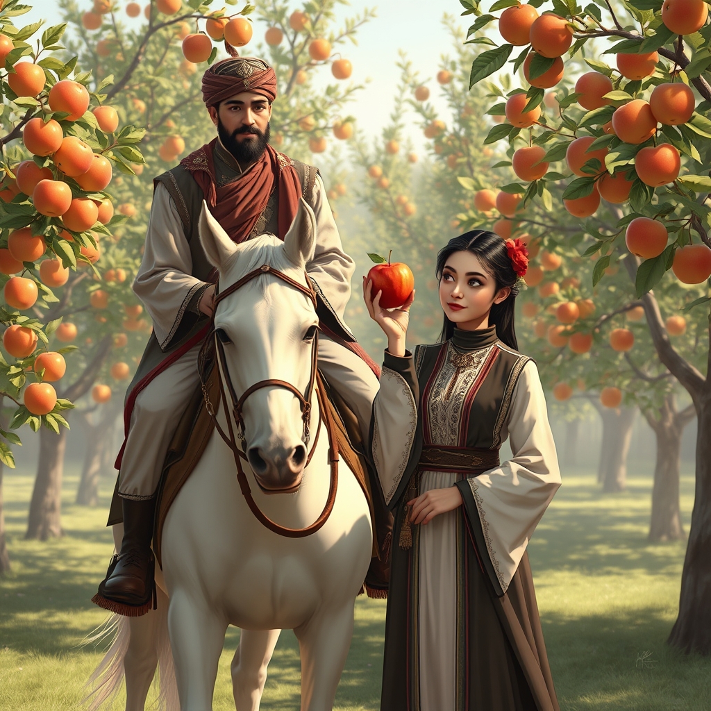 عکس یک مرد دوران قاجار در ایران که سوار بر اسب سپید با لباسهای مرتب آن زمان و کلاه مخصوص بزرگان آن زمان در حال عبور از ر یک باغ بزرگ سیب میباشد . و یک دختر زیبای ایرانی با لباسهای قرمز و سفید و صورت بسیار زیبا و سفید و چشمان درشت و ابروهای کشیده به او نگاه میکند و میخواهد سیبی را به او بدهد 
3