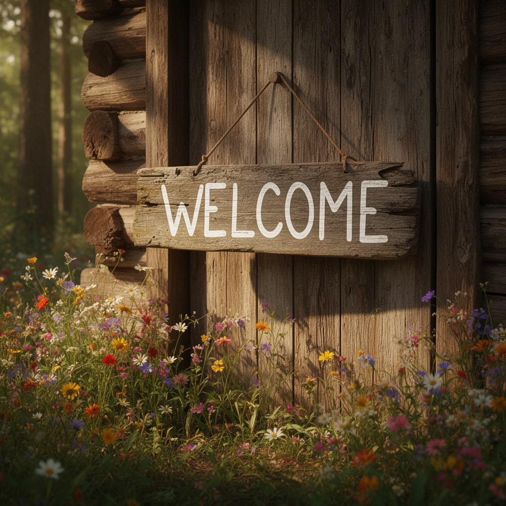 تابلوی چوبی قدیمی که جلوی در یک کلبه جنگلی آویزان است و روی آن با فونت دست‌نویس سفید نوشته شده "WELCOME"، گل‌های وحشی اطراف.17