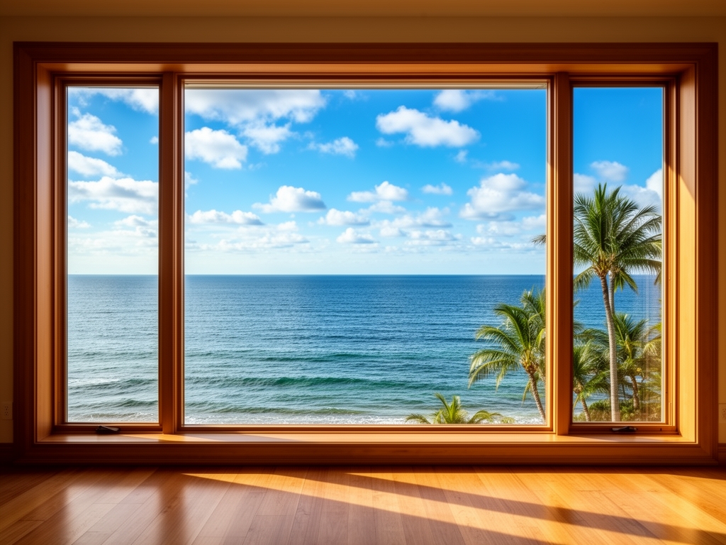 خانه ای بزرگ که از پنجره ی آن به بیرون نگاه می‌کنیم  دریای همراه امواج آن  دیده می‌شود که چند نخل هم  وجود دارد  و چند ابر کوچک در آسمان وجود دارد  5