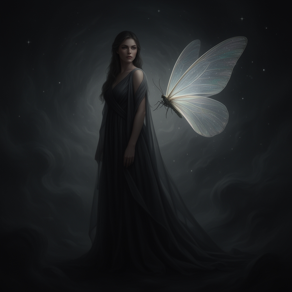The image depicts a woman in a flowing, dark dress standing against a dark, swirling background. A large, ethereal butterfly with translucent wings floats beside her.2