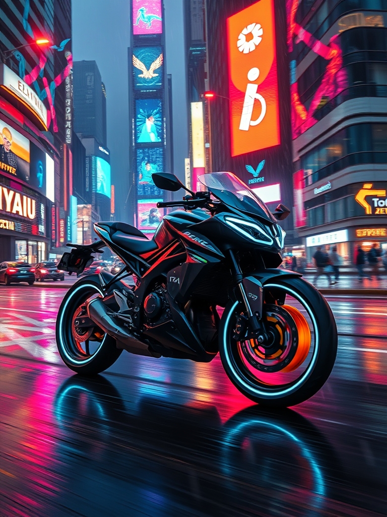 یک موتورسیکلت آیندهنگر با چرخهای هولوگرافیک، در حال حرکت با سرعت در شهری با نورهای نئون.1