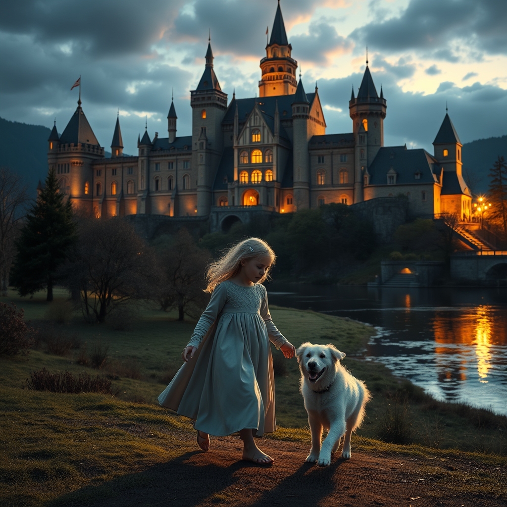 قصری در کنار رود و پارک که بسیار مدرن و نورپردازی است و خیلی بزرگ و خاص و شه دختی که با سگ سفید بازی میکند موهای جادویی دارد و درخشان است لباس زیبایی دارد5