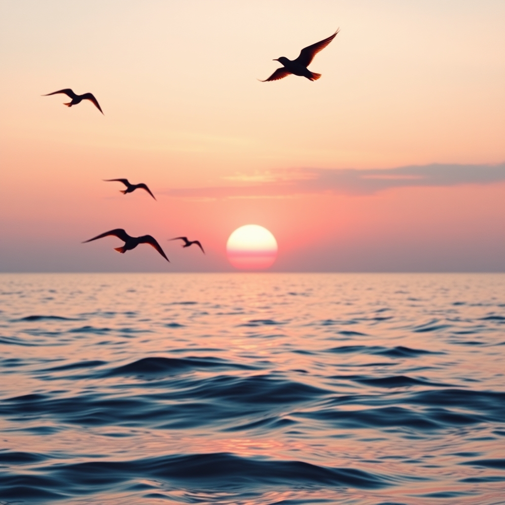 عکس یک دریا که پرندگان مهاجر از بالا ی ان میگذرند و خورشید در حال قروب که عکسش در اینه ی براق و شفافی چون دریا افتاده اسمان به رنگ ملایم نارنجی و صورتی در امده و فضا را بسیار رویایی کرده3