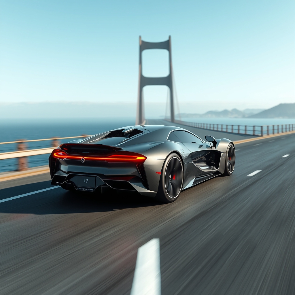 طراحی ماشینی نیمه شاسی شبیه ماشین بین لامبورگینی اونتادور و بوگاتی شیرون و بی ام و i8  و مرسدس بنز برقی جدید که فقط یکی از آن در جهان است با کیفیت بسیار زیاد و دقیق و نور پردازی زیبا و صحیح و درست و طراحی جدید مرسدس بنز برقی و سقف آن و طراحی بسیار مبتکرانه و حرفه ای و ع های از جلو و عقب و کنار ماشین و ماشین در حال حرکت سریع از روی جاده آسفالت روی پلی که از اقیانوس آرام میگذرد است و تصویر به صورت فرا واقعی باشد و ع سه بعدی12