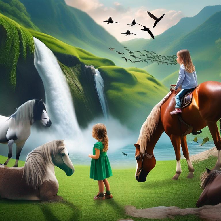 کوه های سبز با ابشاری زیبا و خیره کننده بهمراه پرواز پرندگان و اسبهای وحشی و دختر بچه ها و پسربچه هایی در حال بازی0