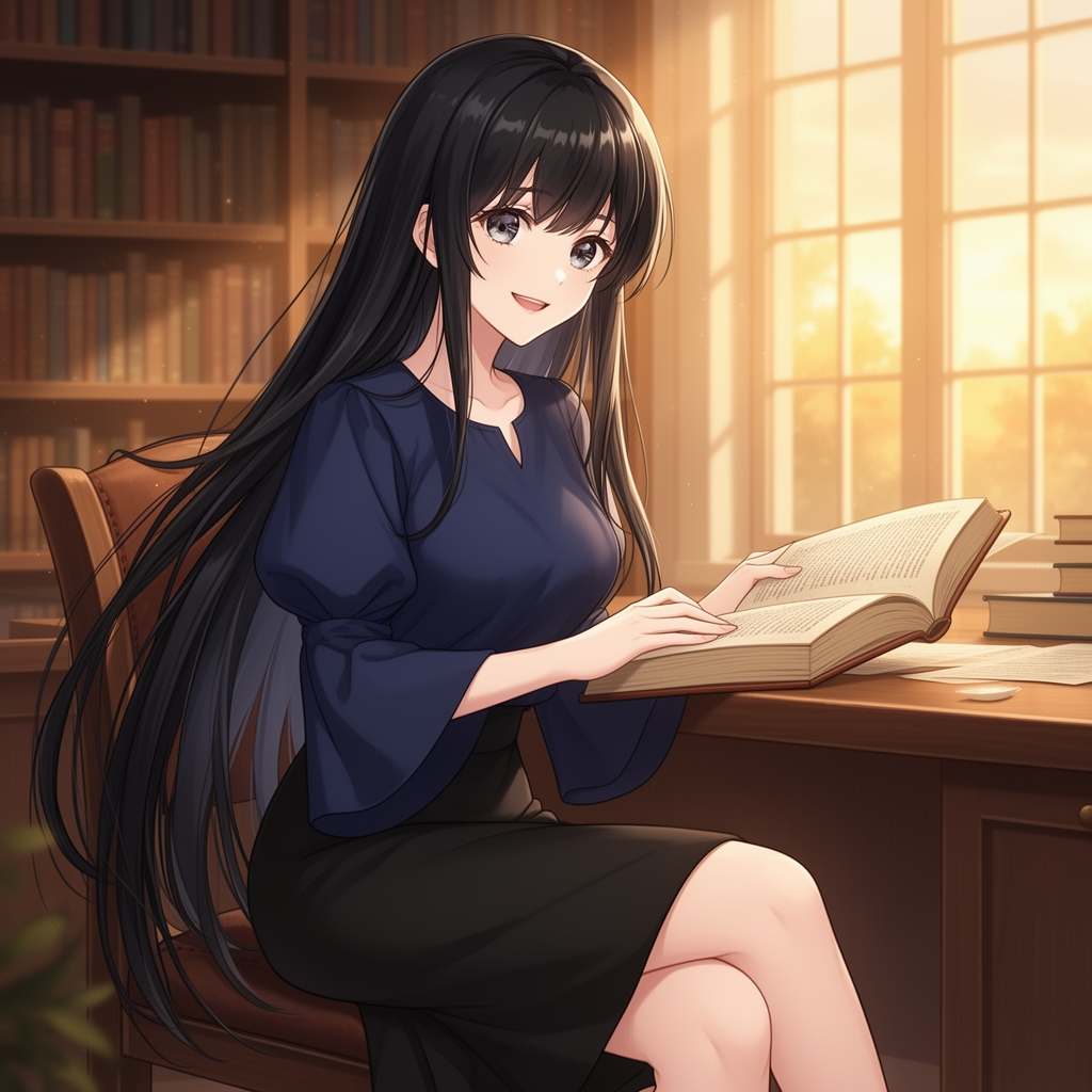 یک دختر با موی مشکی براق بلند که پیراهن سرمه ای با استین های گشاد و دامن مشکی کوتاه دارد و پشت میز نشسته و کتاب میخواند و او واقعا واقعا زیباست شاید حتی زیبا ترنی دختر جهان
0