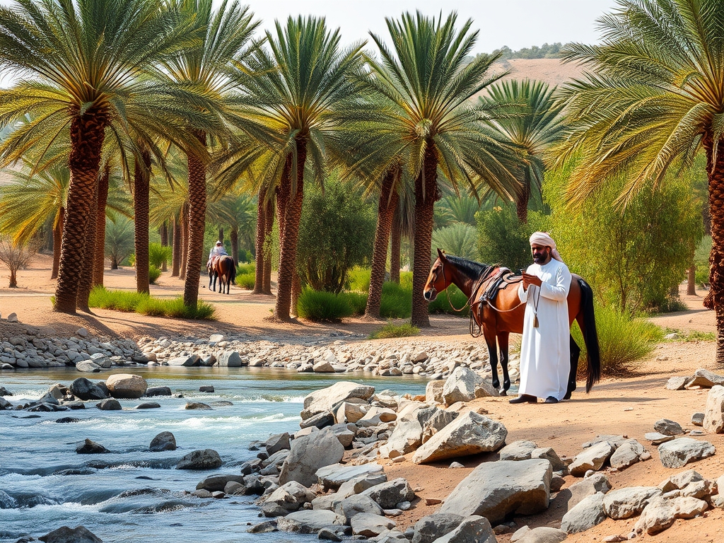 یک فضای بادیه نشین عربی در فضای سرسبز نخلستانی و دو عدد اسب و دو نفر مرد عربی با لباس خاص اصالت عربی که در حال خوردن قهوه در کنار رودخانه سنگی آب جاری 4