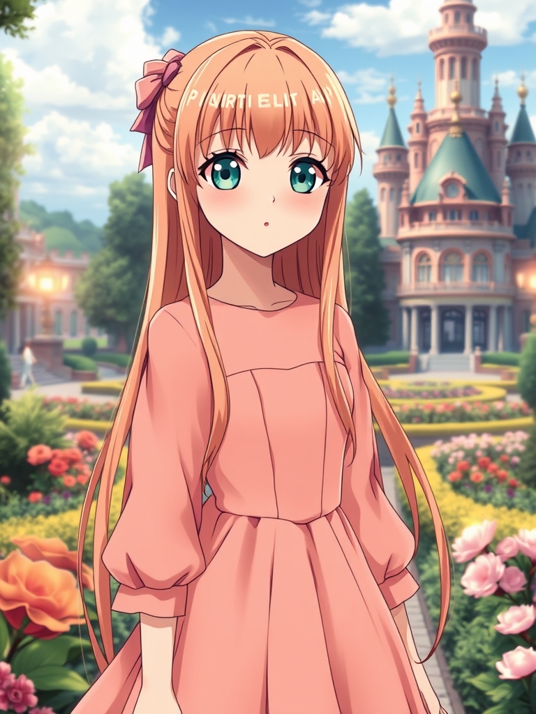 یه دختر زیبا با موهای بلند و صاف به رنگ رزگلد،صورت سفید،چشمان درشت سبز آبی،بیننی کوچ و لب های قرمز،جلوی موهاش چتریه،یه لباس پرنسسی زیبا هم به تن داره که همرنگ موهاشه،در باغ قصره،عکس قدی باشه12