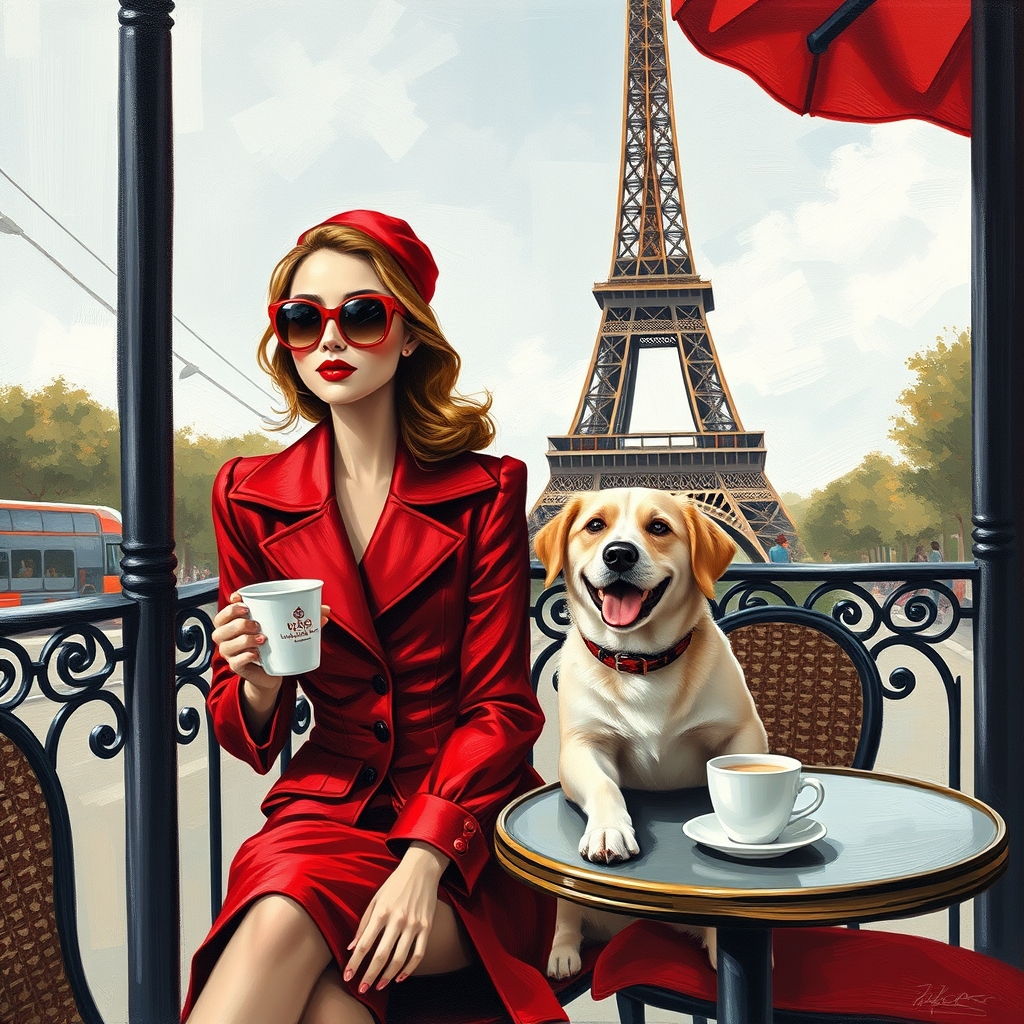 یه سگ بامزه به ی زن خیلی جذاب فرانسه ای که لباس قرمز روژ قرمز باز پوشیده و دو به رو برج ایفل تو یه کافه نشسته و قهوه میخوره 10
