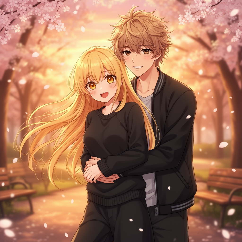 دختری ۱۸ ساله با لباس های طوری سیاه موی بلوند چشمان عسلی در بغل پسری ۱۹ ساله با لباس سیاه و مو های قهوه ای کم رنگ 2