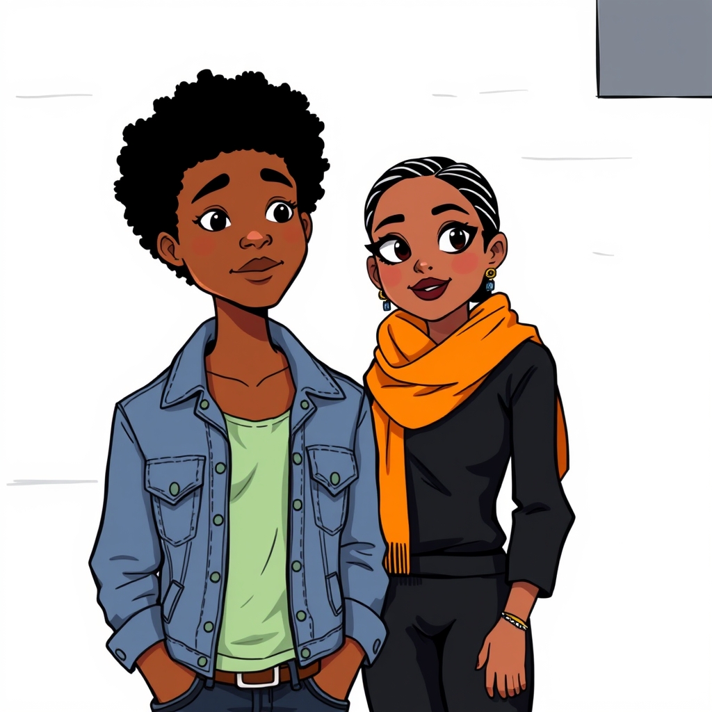 The image shows two individuals standing in front of a white wall. The person on the left is wearing a denim jacket over a light green top, while the person on the right is wearing a black outfit with an orange scarf.1