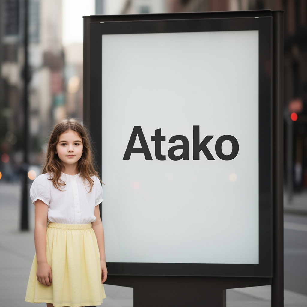  دختری با پوست سفید با موی قهوه ای سوخته و چشمان قهوه ای تقریباً روشن با دامن زرد پاستیلی و بلوز سفید کنار تابلویی که روی آن به اینگلیسی نوشته اتاکو 3