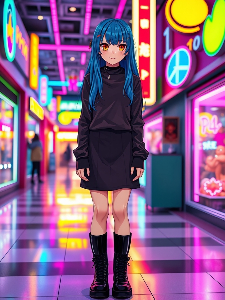 یه دختر با چشم نارنجی و موهای آبی بلند پراز شاین با 👗👢🖤🩷🏬✨️✨️✨️5