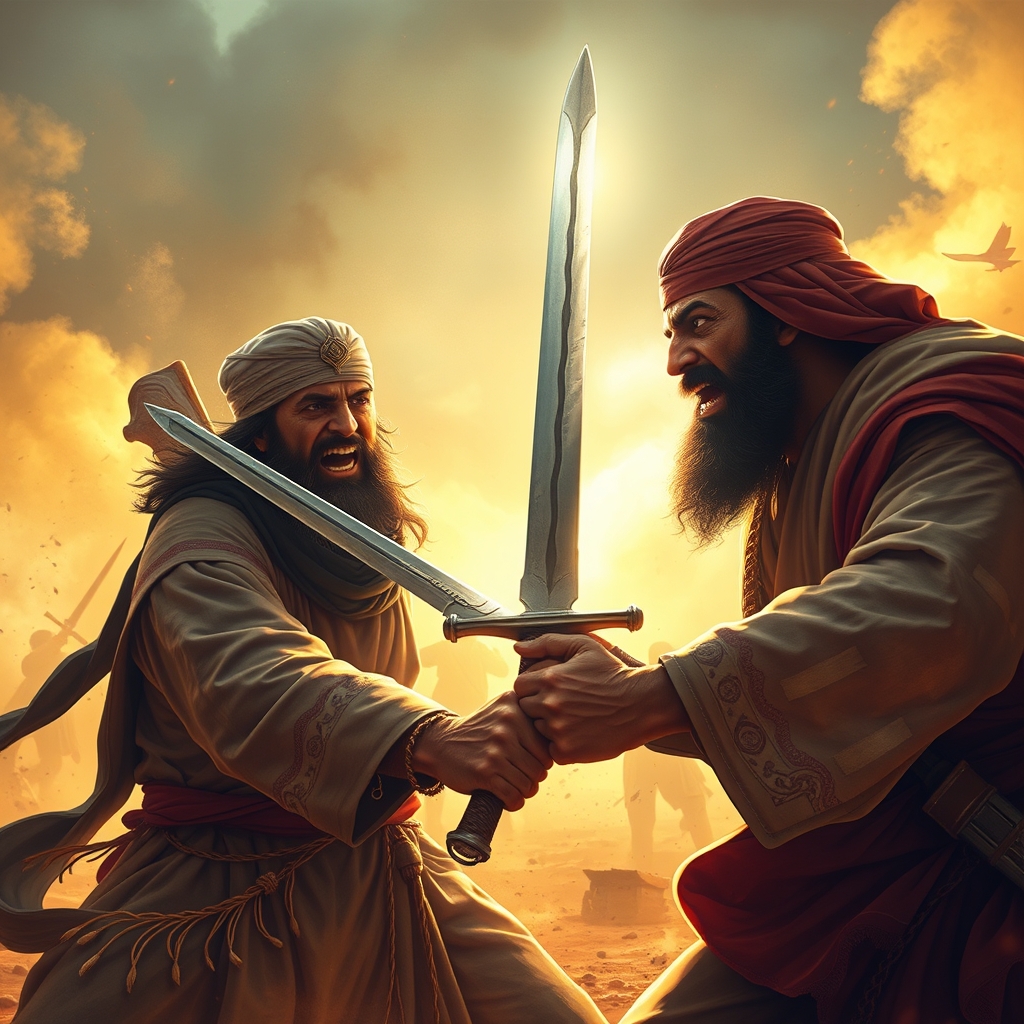 امام علی با ذوالفقار در حال نبرد با مرحب باشه چهره مرحب رو خیلی بد و چهره امام علی نورانی باشه 7