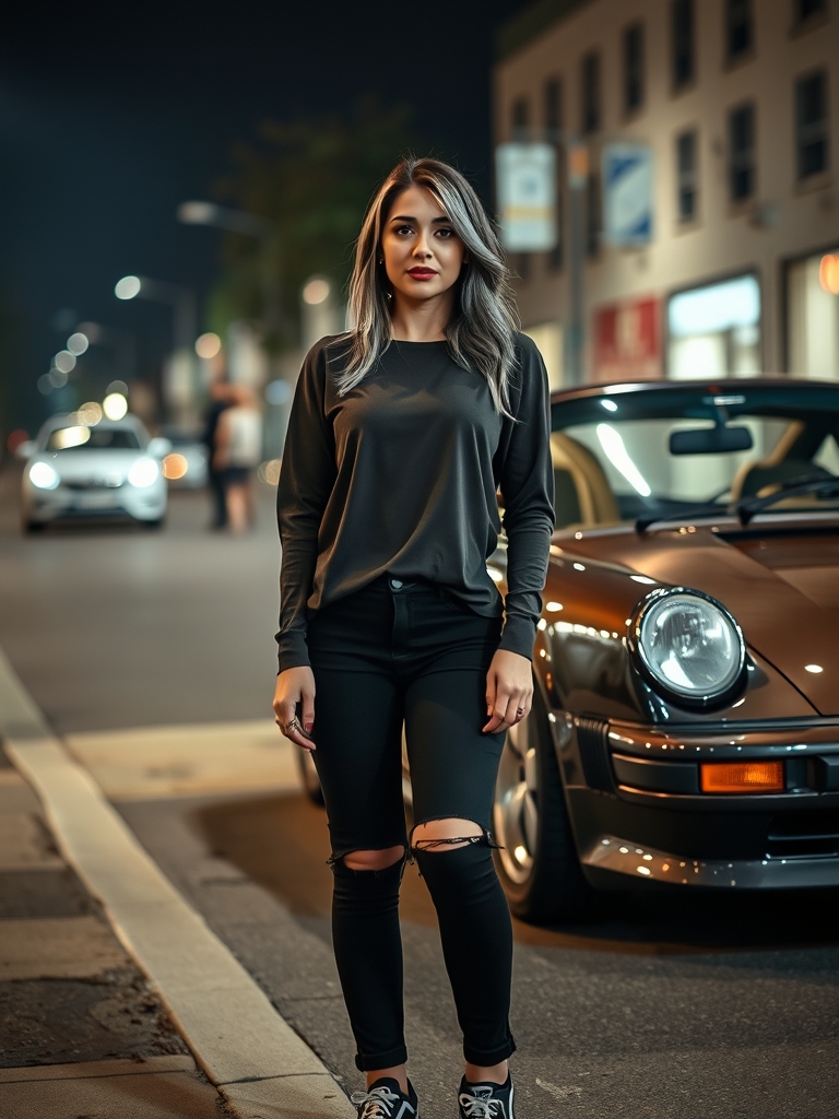 دختری که مو  هایش را بالیاژ خاکستری مشکی کرده است و بی حجاب  هست و لباس بافت توسی پوشیده و بافتش داخل شلوارش است دستانش دست به سینه است و شلوار  لی  جین زخمی مشکی و کفش های کتونی مشکی سفید پوشیده این دختر در کنار ماشین پورشه نوک مدادی است و شب است و پوست دختر سفید لبی قرمز آلبالویی و ابرو های هشتی کشیده این دختر ایرانی است 4