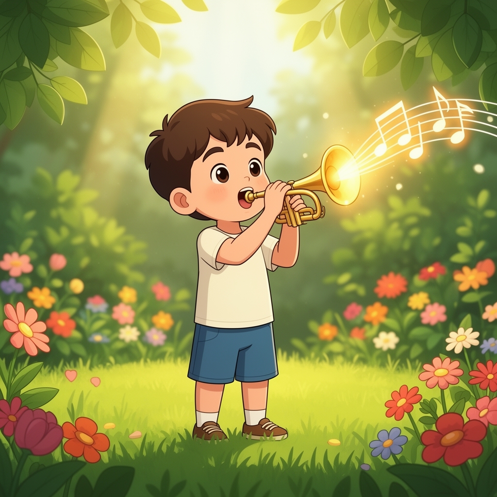 یک پسر بچه انیمیشنی در باغ در حال شیپور زدن0