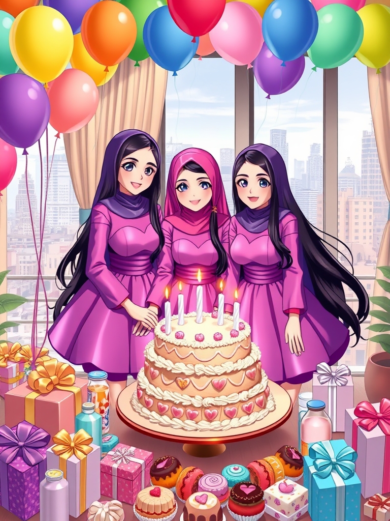 تولد سه قلوها،زهرا،فاطمه،زینب سه خواهر سه قلو و شبیه هم هستند و تولد سه قلوها است و روی میز کیک تولد سه طبقه و خامه ای با سه تا شمع روشن است و روی میز پر از انواع خوراکی و نوشیدنی است و کادوهای مختلف روی میز است و از پنجره آپارتمان نمای شهر دیده میشود، اتاق با بادکنک رنگی تزیین شده است و هر سه تاشون موهای خیلی بلند و مشکی دارند و لباس هر سه تاشون بنفش و براق و دامن دار و پف پفی مانند پرنسس ها است و با هم می خندند5